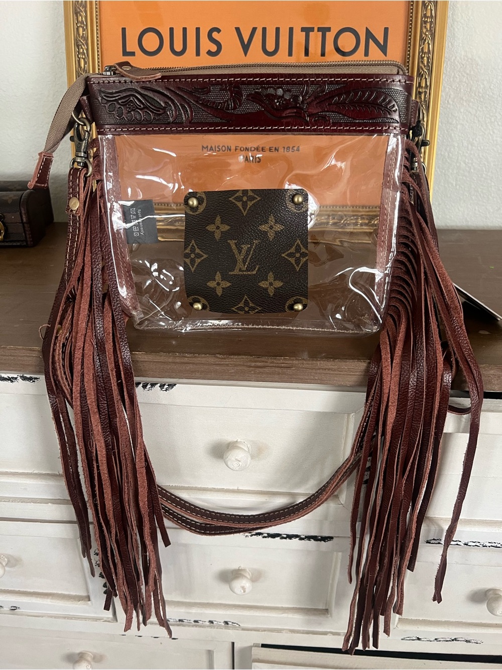 Clear Fringe Crossbody Bag in Brown